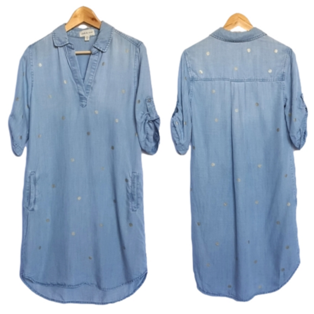 Anthropolgie Chambray TShirt Dress Womens XS Blue Gold Dot SS Oversized